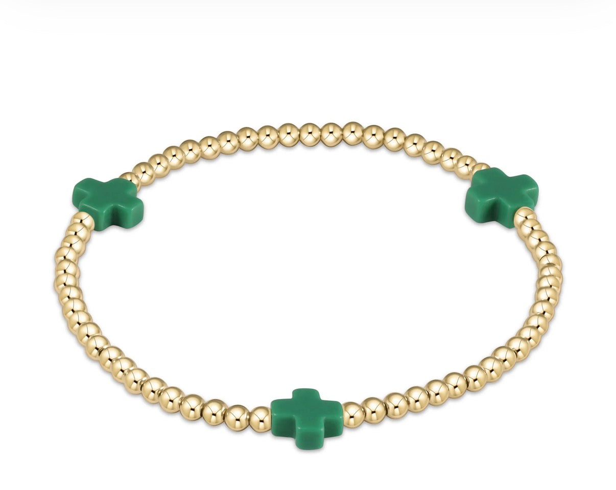 Signature Cross Gold Pattern 3mm Bead Bracelet- Emerald