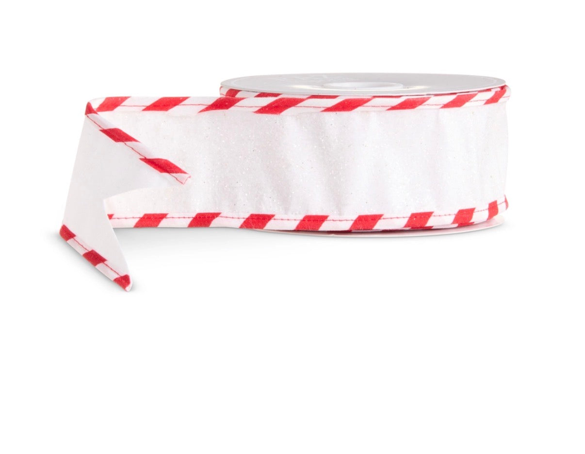 2.5" X 10 Yds White Glittered Peppermint Edge Wired Ribbon