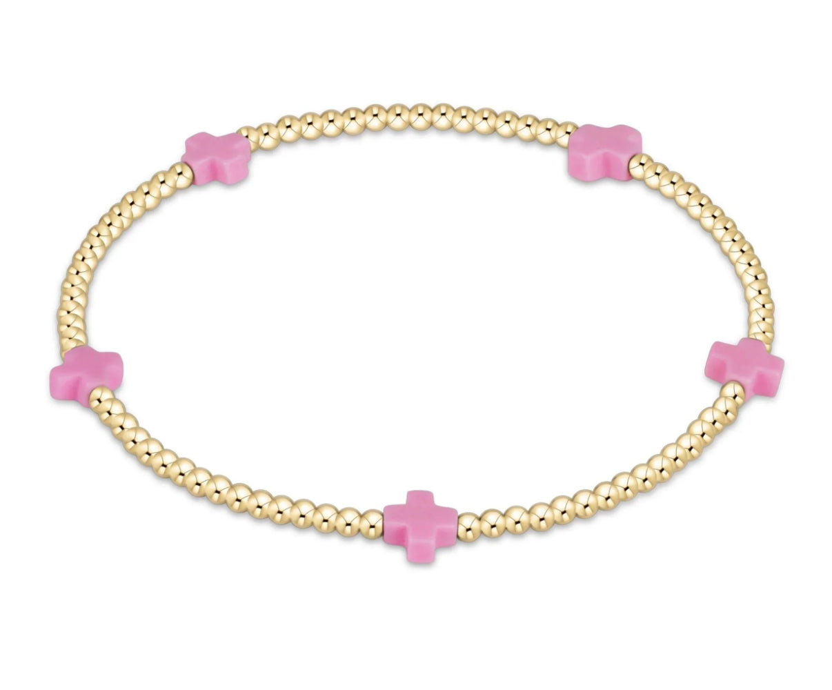 egirl Signature Cross Small Gold Pattern 2mm Bead Bracelet - Bright Pink