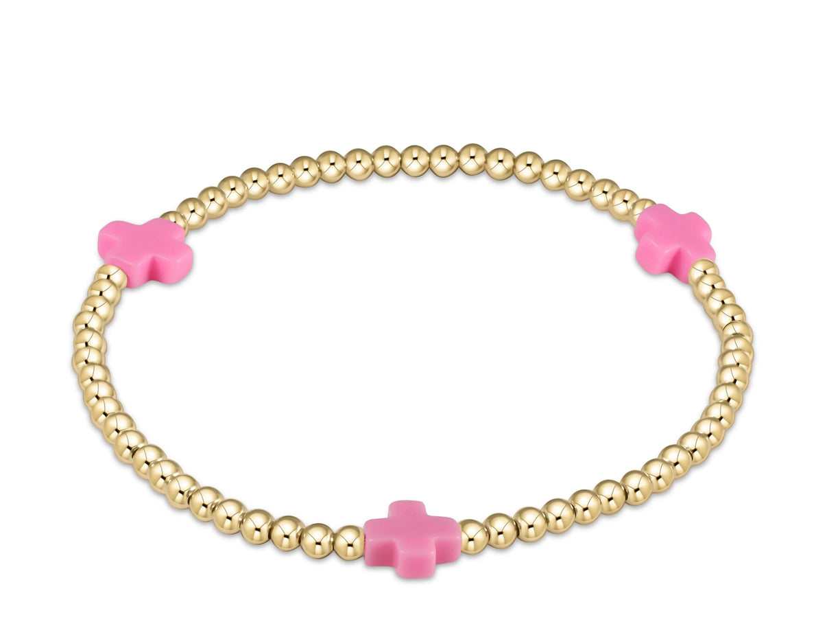 Signature Cross Gold 3mm Bead Bracelet- Bright Pink