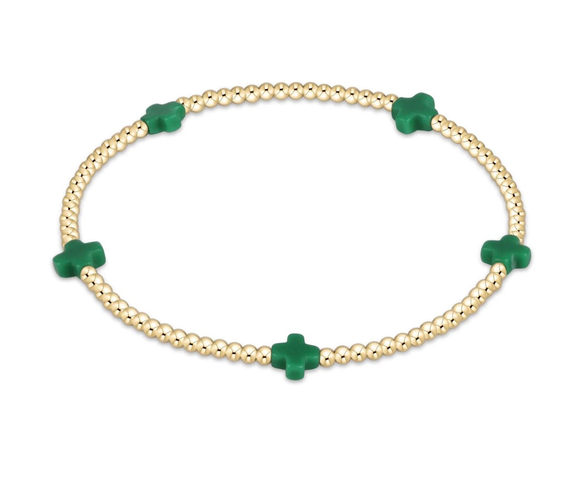 Signature Cross Gold Pattern 2mm Bead Bracelet- Emerald