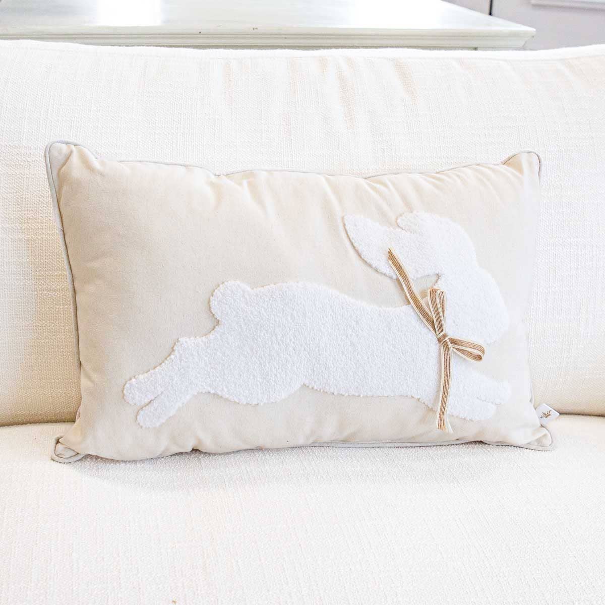 Leaping Bunny Embroidered Lumbar Pillow Soft White/White 13x20