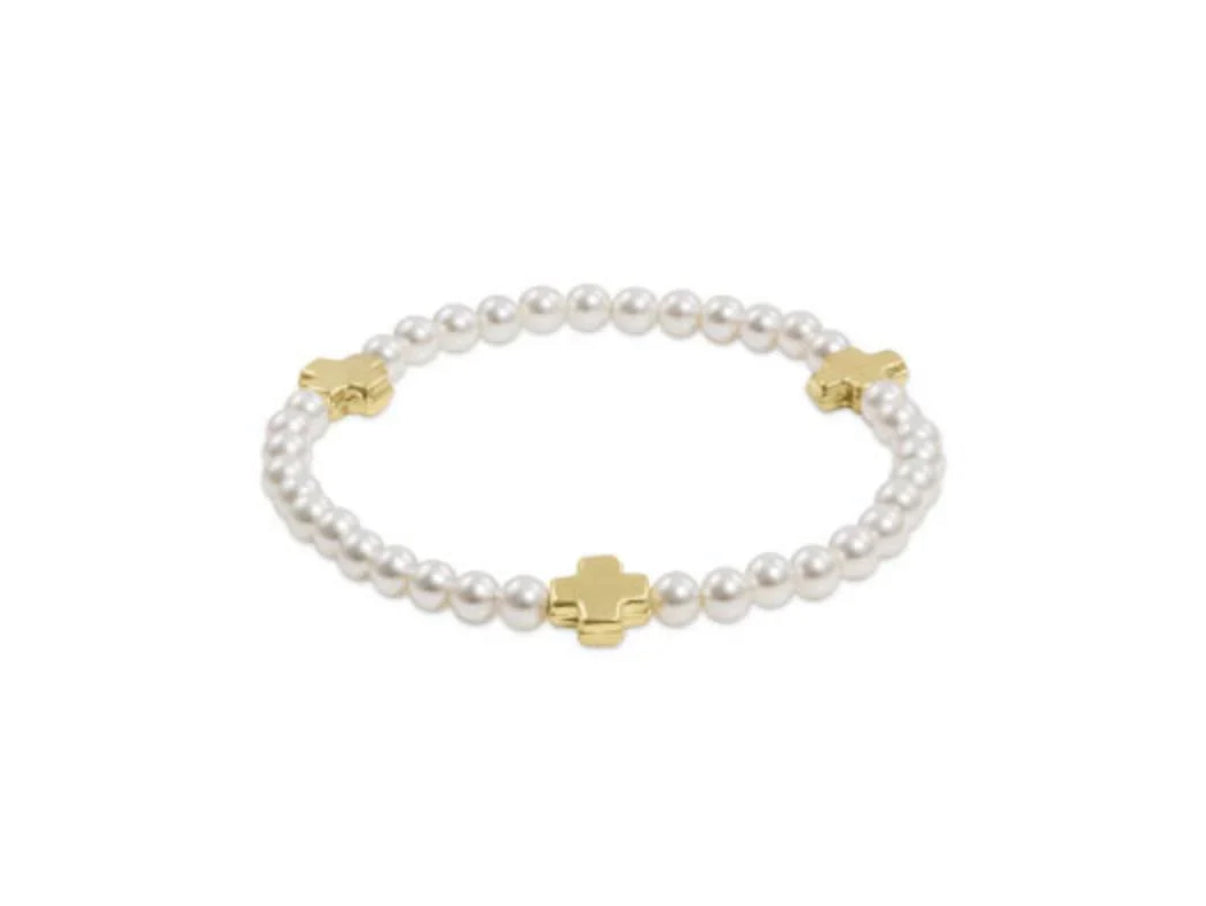 EXTENDS - SIGNATURE CROSS PEARL PATTERN 4MM BEAD BRACELET - GOLD