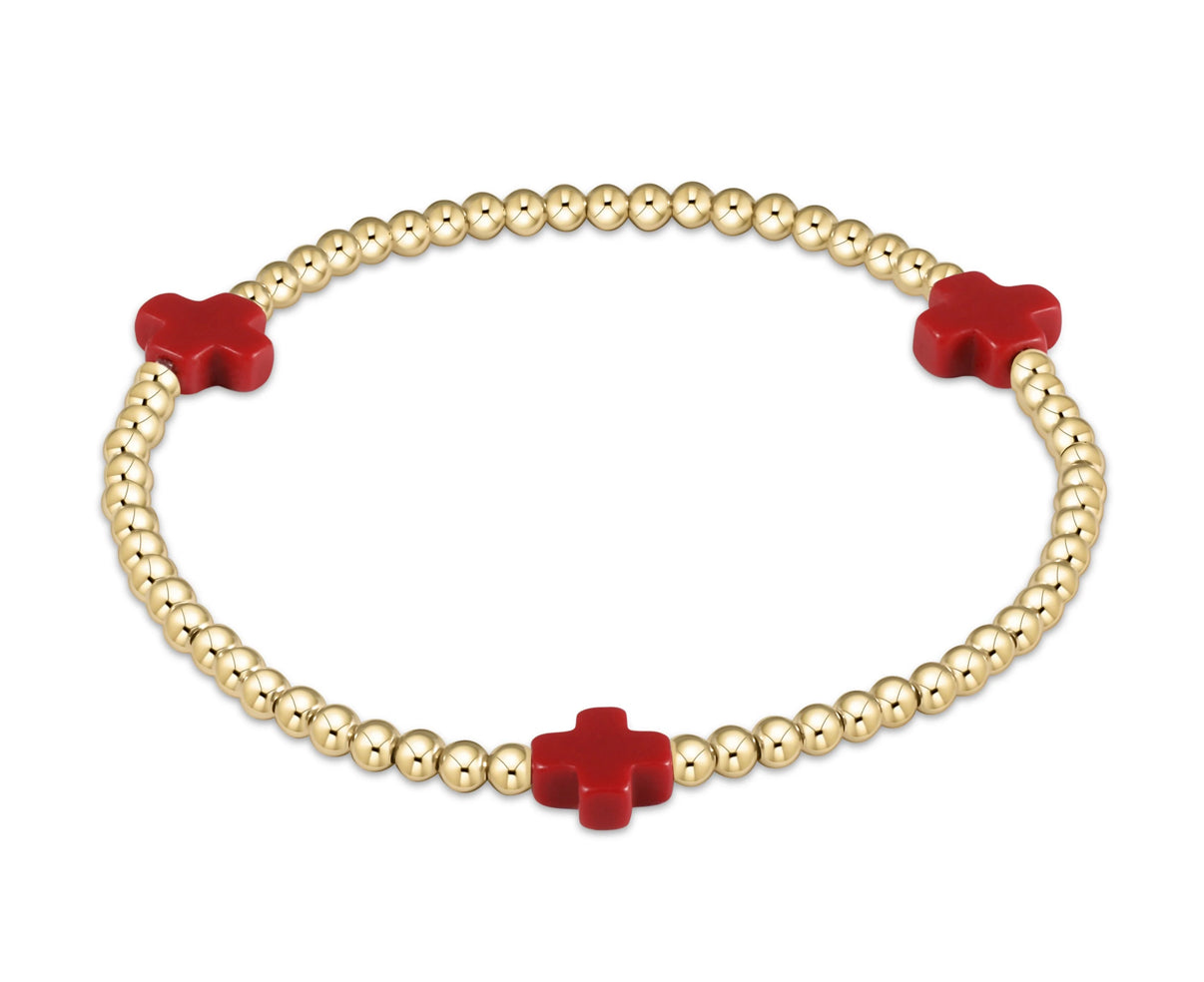 Signature Cross Gold Pattern 3mm Bead Bracelet- Red