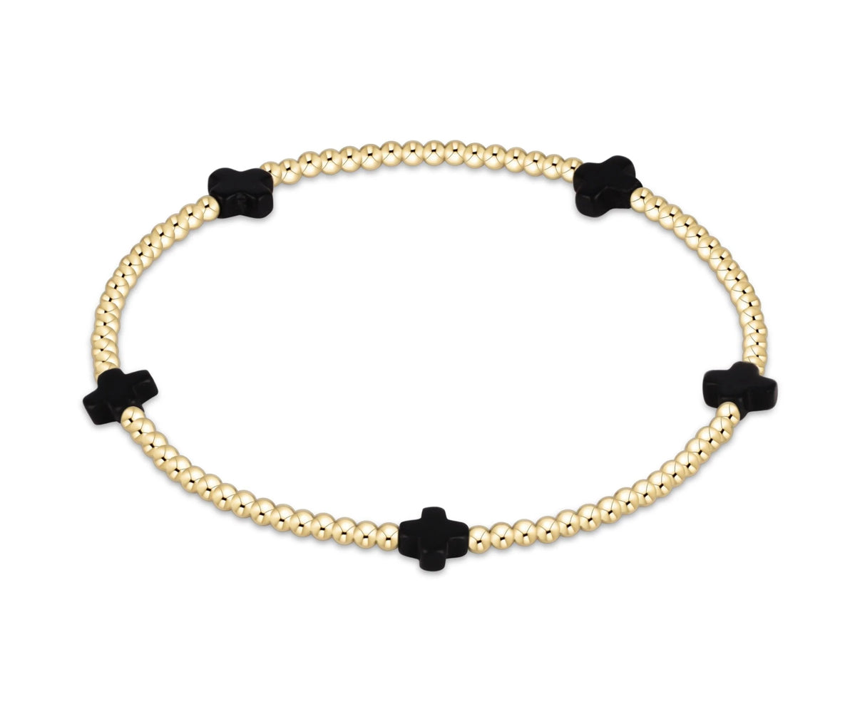 Signature Cross Small Gold Pattern 2mm Bead Bracelet- Onyx