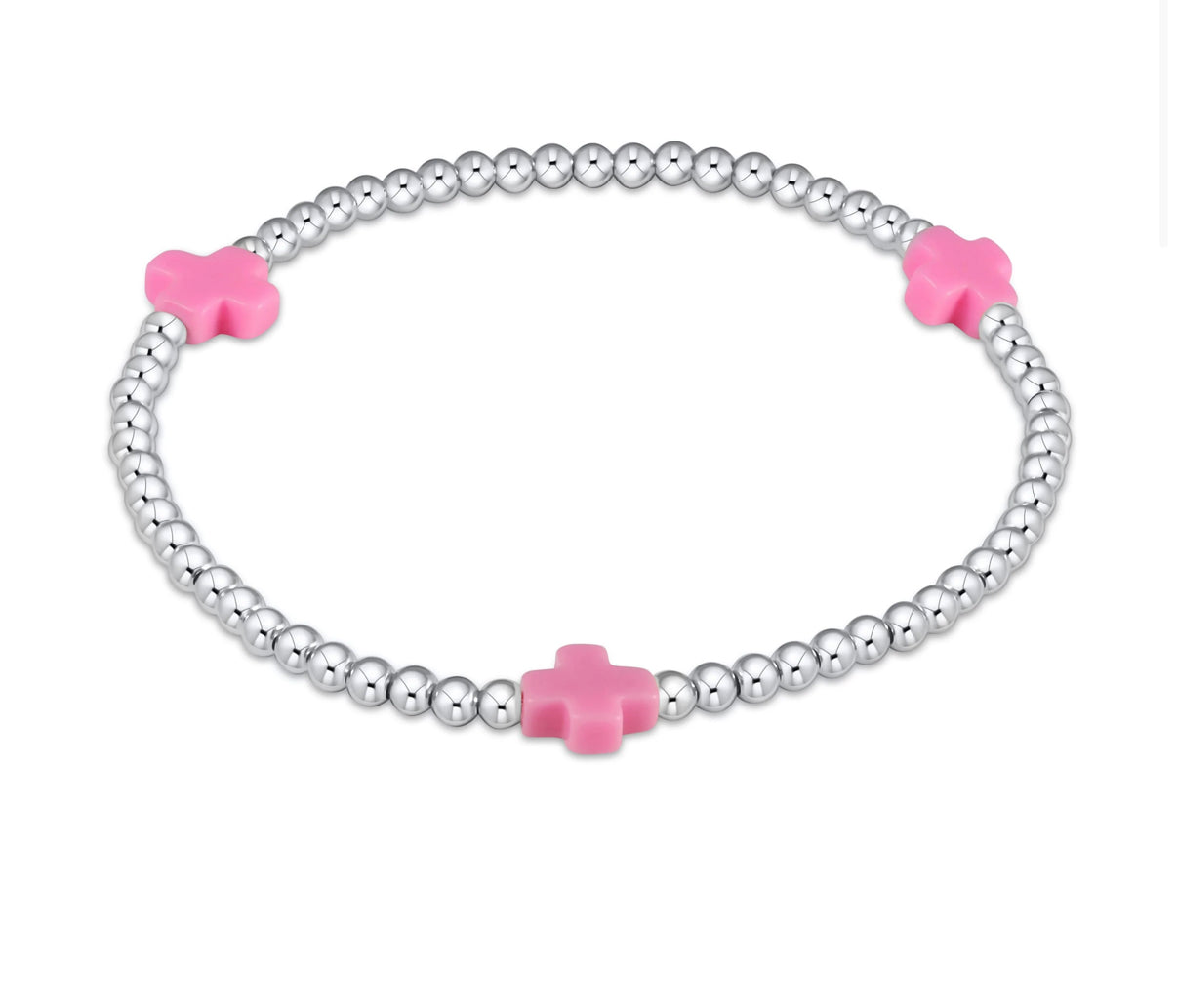 Signature Cross Sterling Pattern 3mm Bead Bracelet- Bright Pink