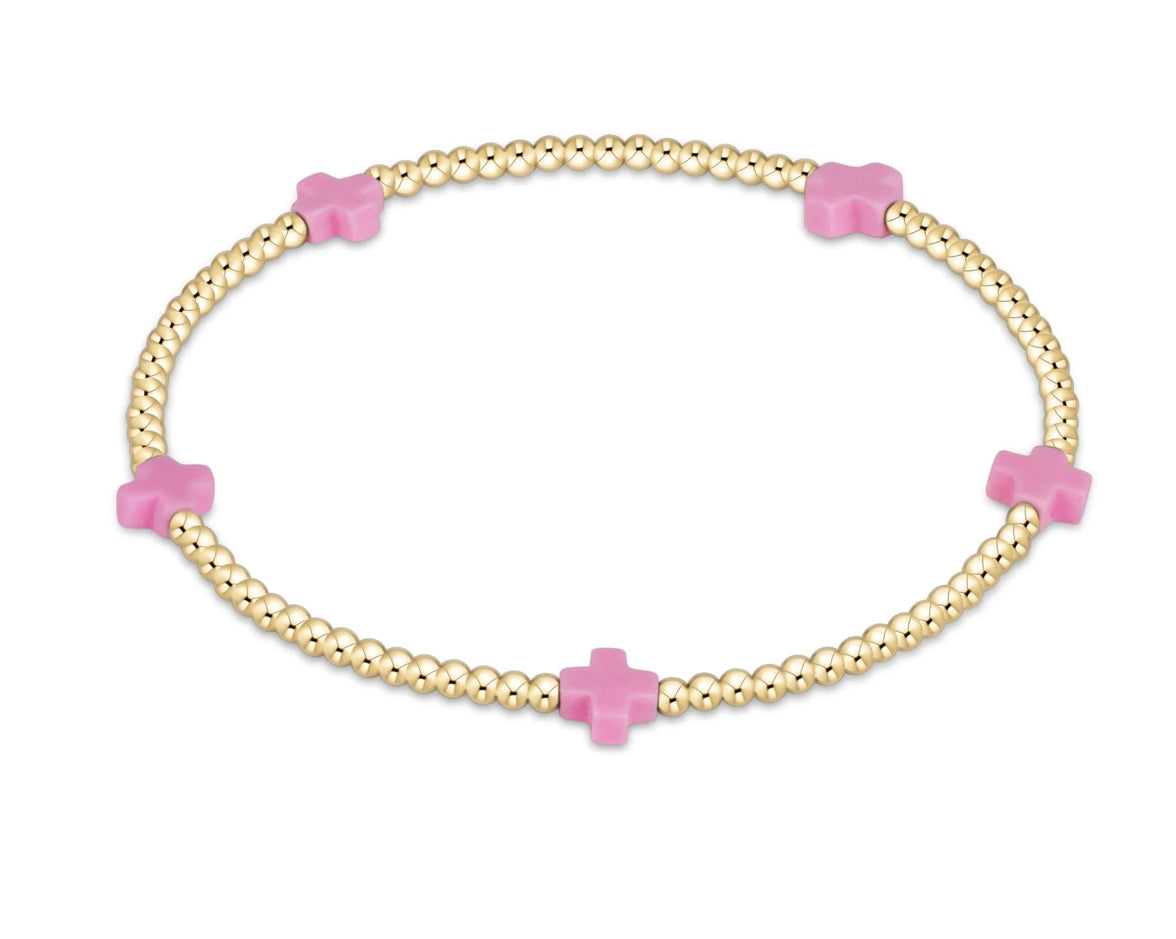 Signature Cross Small Gold Pattern 2mm Bead Bracelet- Bright Pink