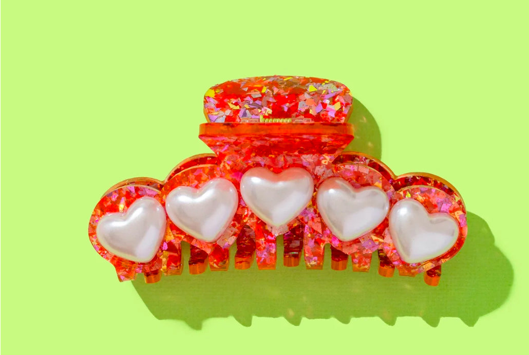 Claw Hair Clip - Pink & Pearl Hearts