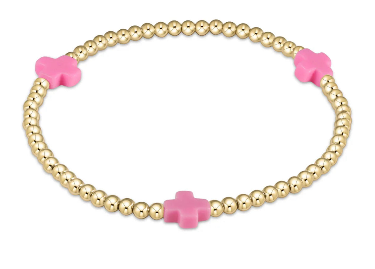 egirl Signature Cross Small Gold Pattern 3mm Bead Bracelet - Bright Pink