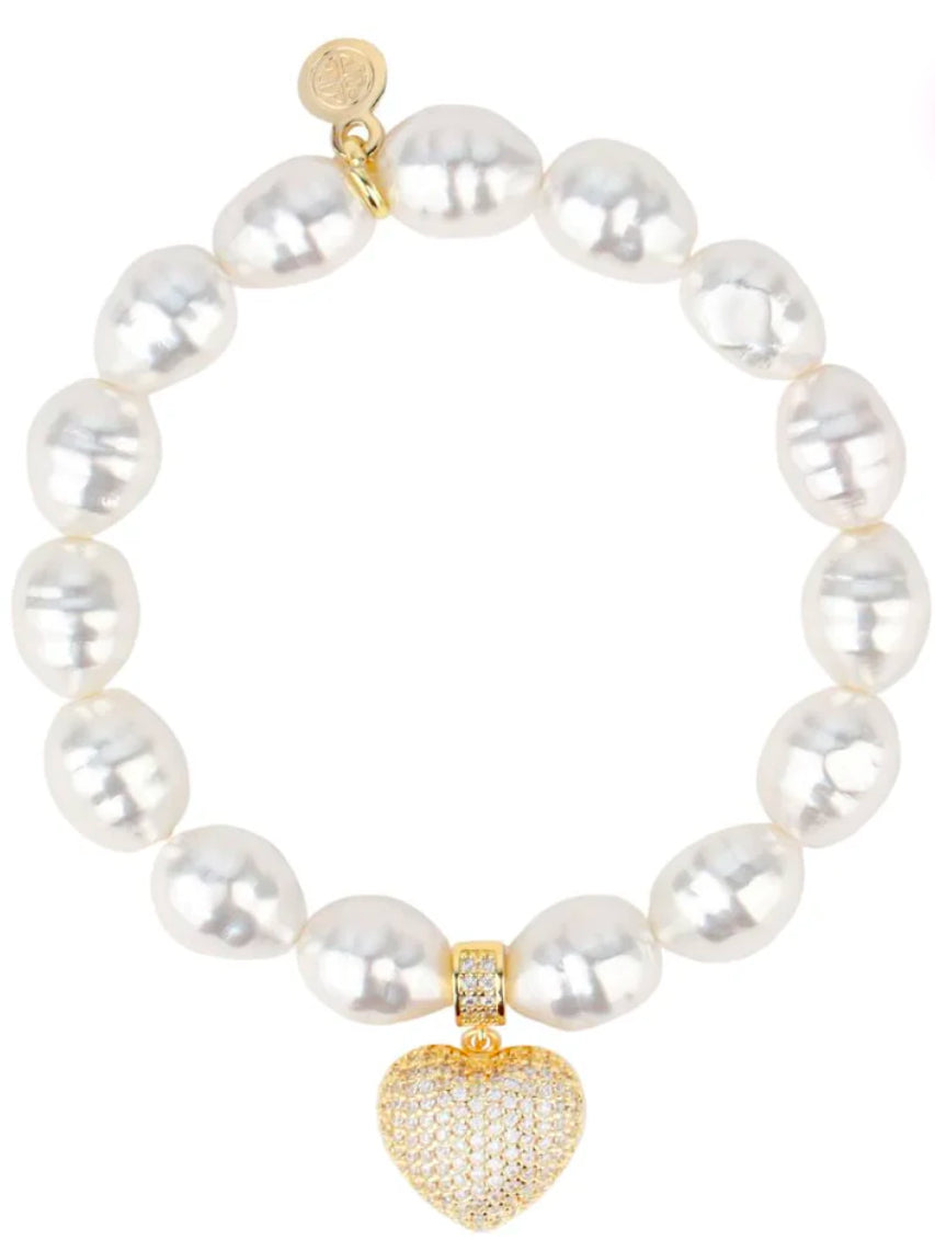 Pearl White Pave Heart Beaded Bracelet