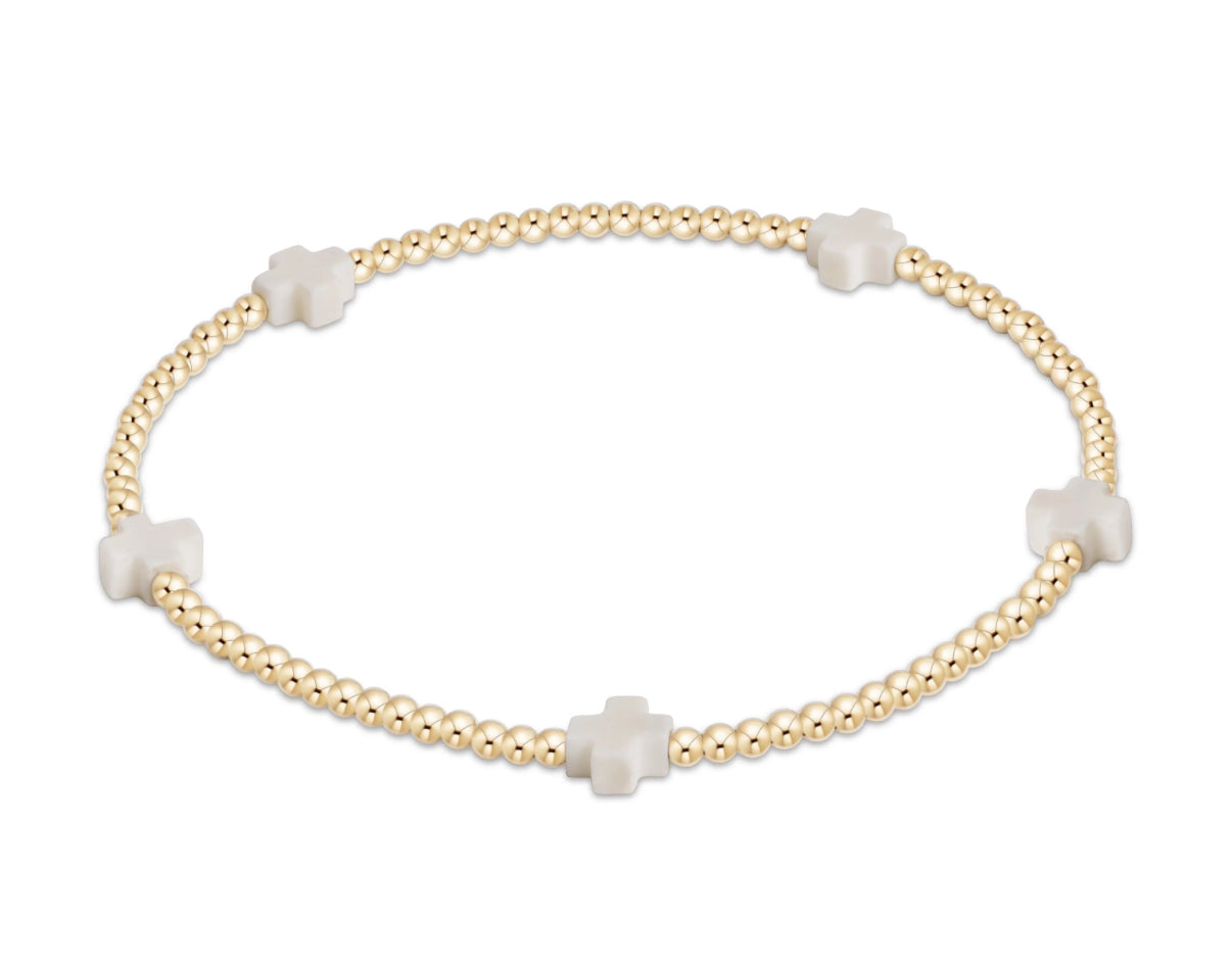 Signature Cross Small Gold Pattern 2mm Bead Bracelet- Off White