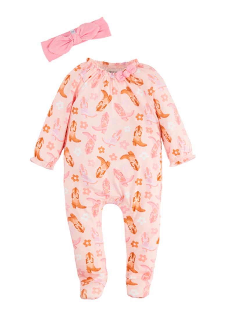 Pink Cowgirl Footed Sleeper & Headband Set
