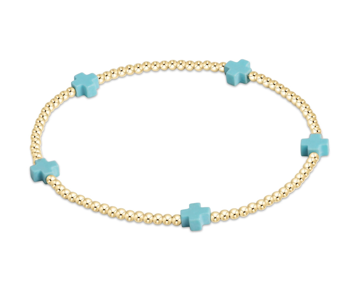 Signature Cross Small Gold Pattern 2mm Bead Bracelet- Turquoise