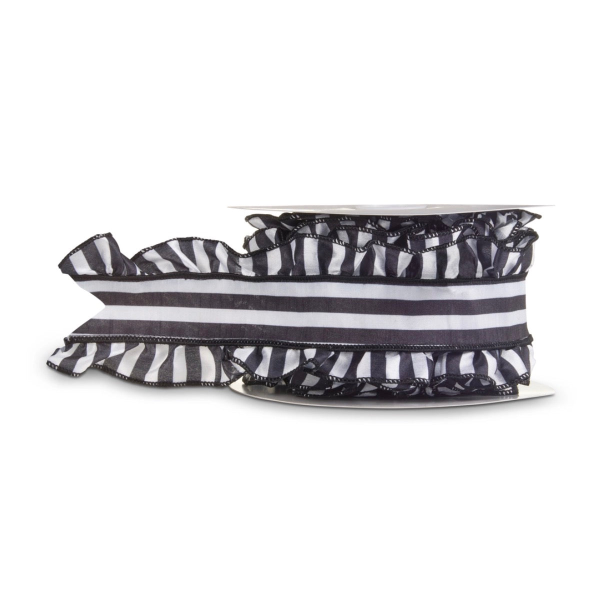 4" X 10 Yds Black And White Striped Ruffle Wired Ribbon