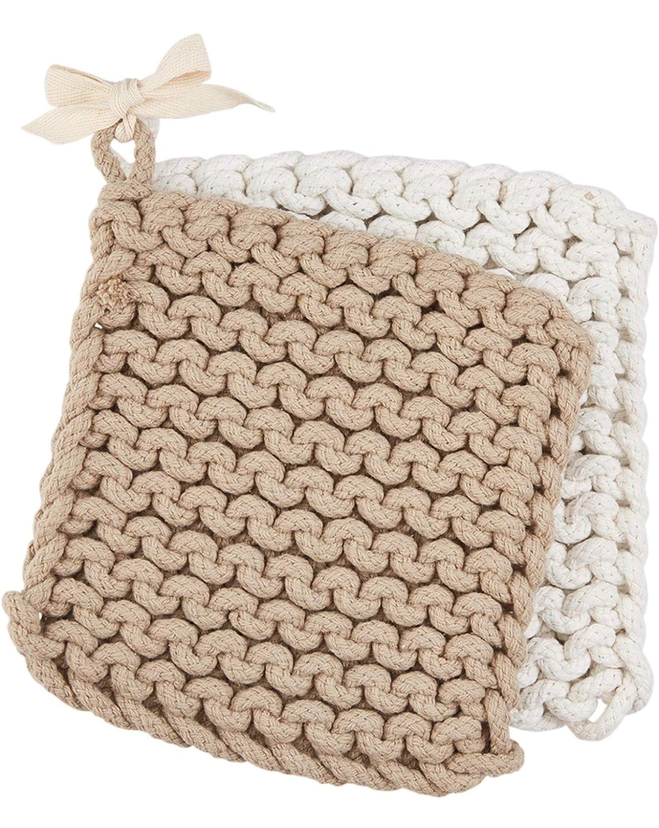 Crocheted Pot Holder - Taupe & White