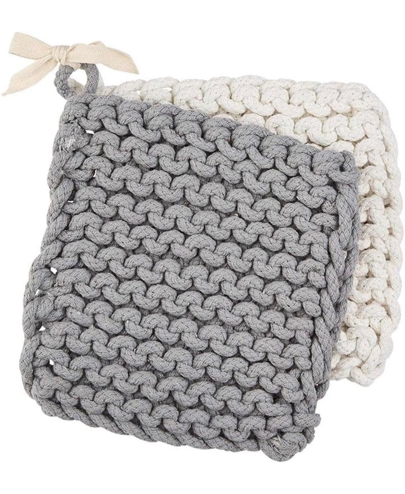 Crocheted Pot Holder - White & Grey