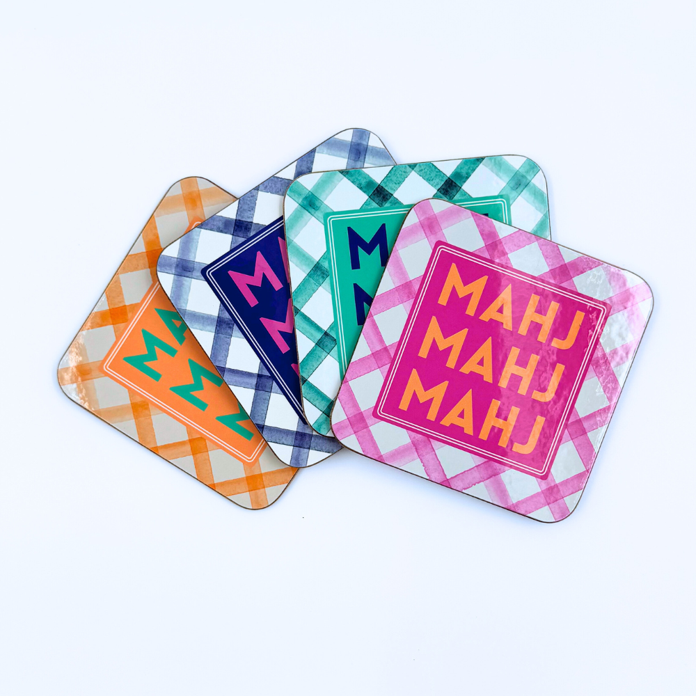 Mahjong Coasters, 4 Set  | Gift or Prize | Green, Pink, Blue, Orange