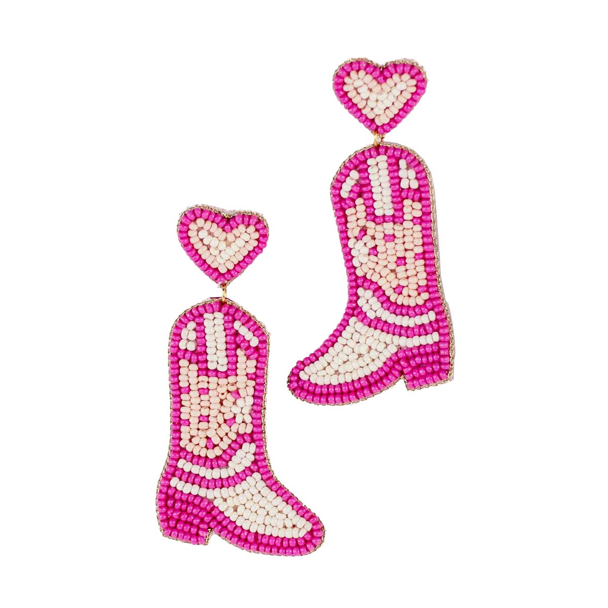 Cowgirl Boots Beaded Earrings Pink/White 1.5"