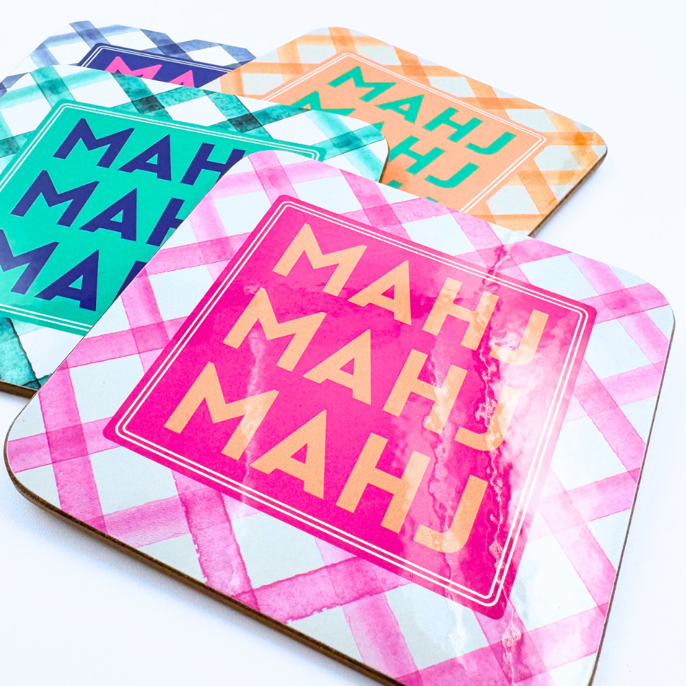 Mahjong Coasters, 4 Set  | Gift or Prize | Green, Pink, Blue, Orange
