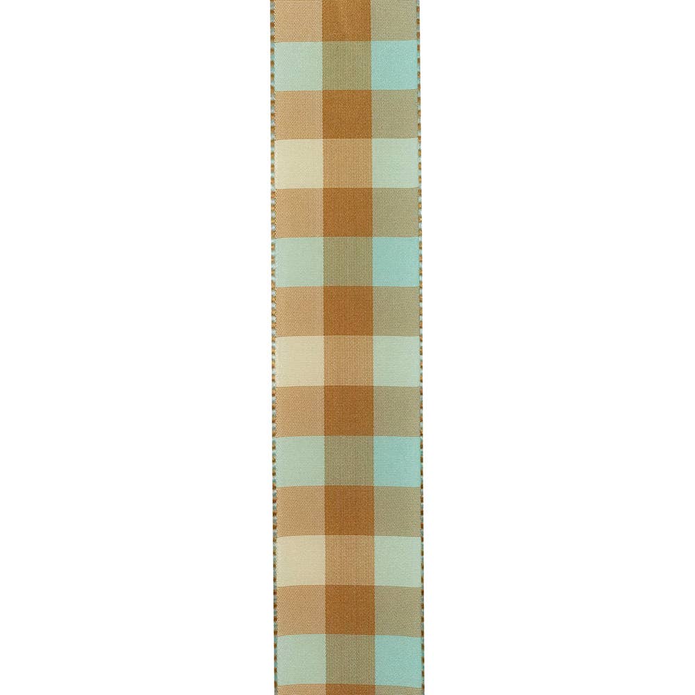 Plaid Leon Ticking Wired Edge, Aqua, 1-1/2 In, 25 Yards