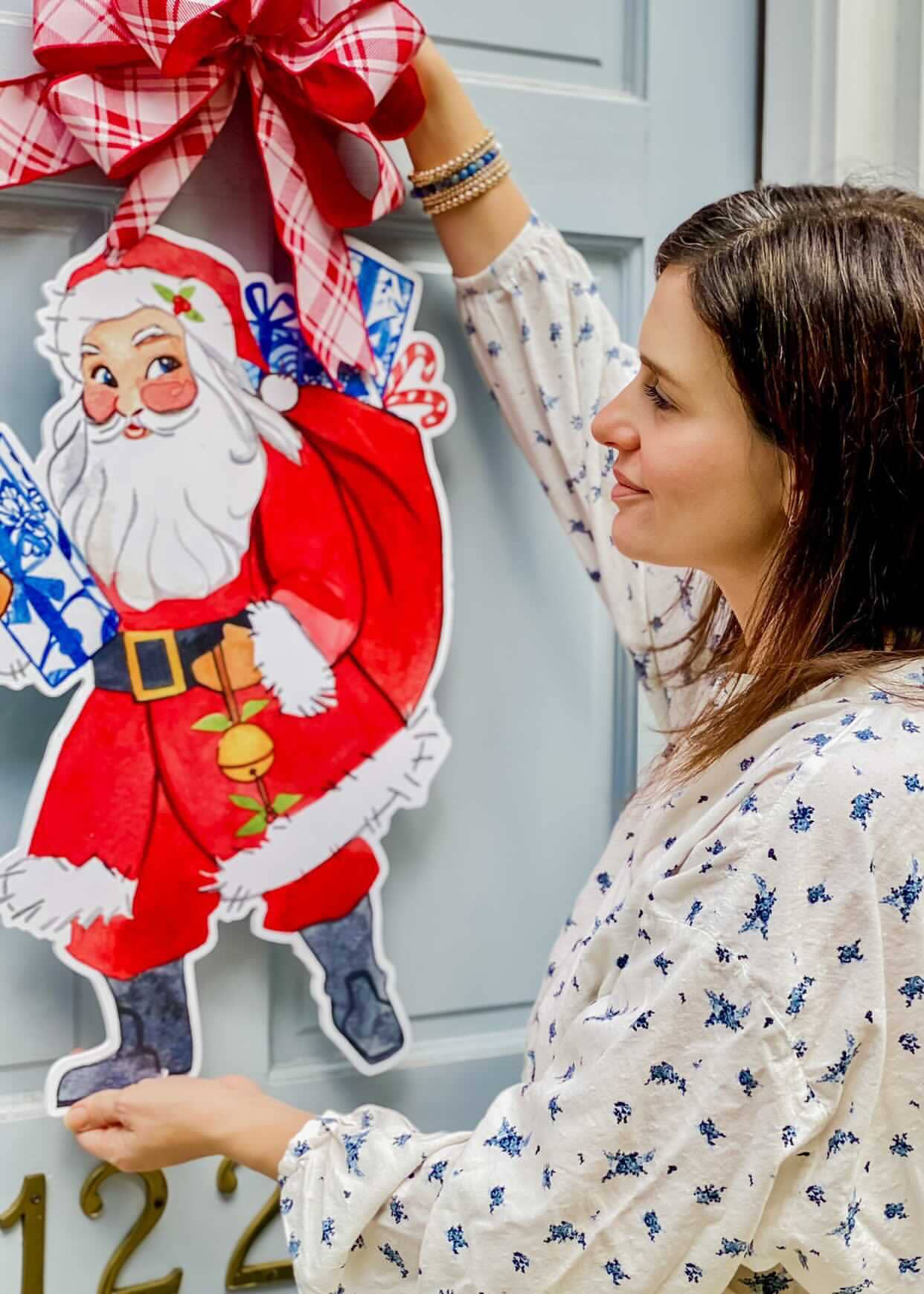 Kris Kringle Santa Door Hanger: Pink & Red Gingham