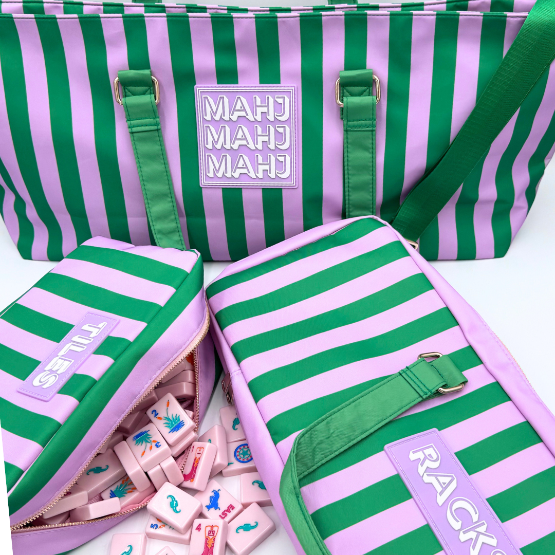 Premium Mahjong Tile Bags | Fits Most Large Tile Sets : Stripes- Green & Blue Tile Bag