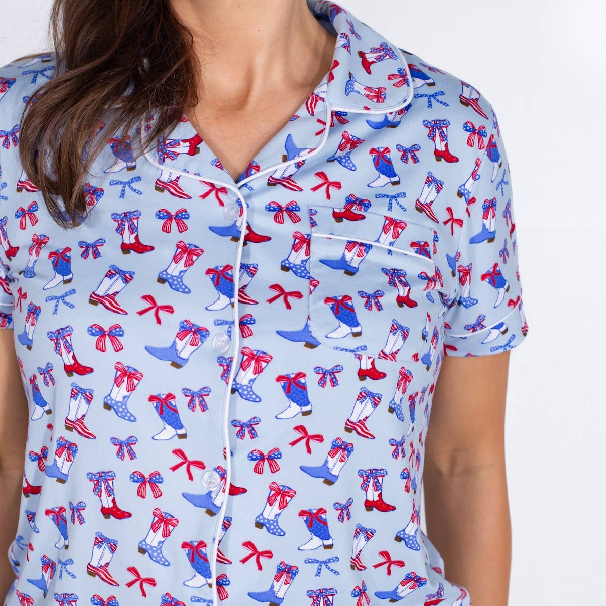 Boots n' Bows Short Sleeve Button Up Sleep Shirt Illusion/Red/White -Asst.: Small