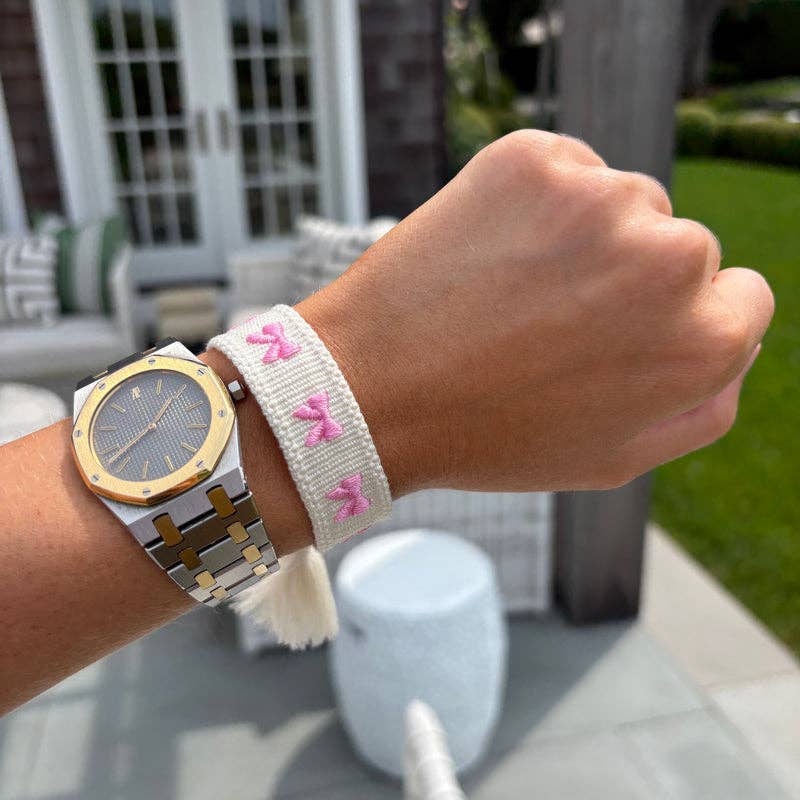 Pink bow embroidered tassel bracelet