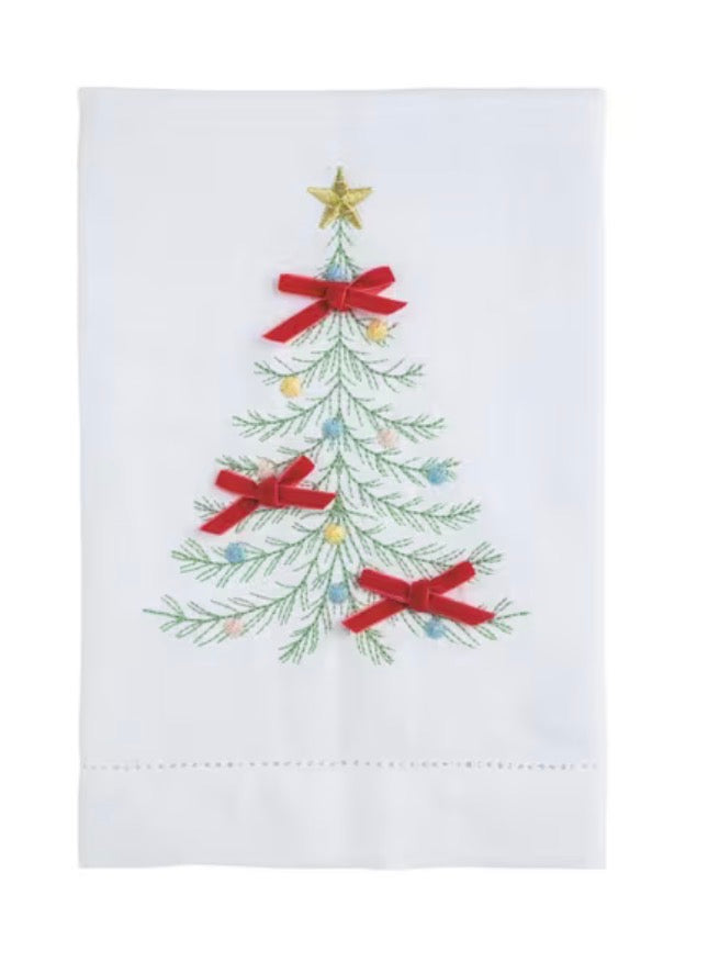 CHRISTMAS TREE VELVET BOW EMBROIDERED TOWEL