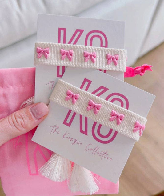 Pink bow embroidered tassel bracelet