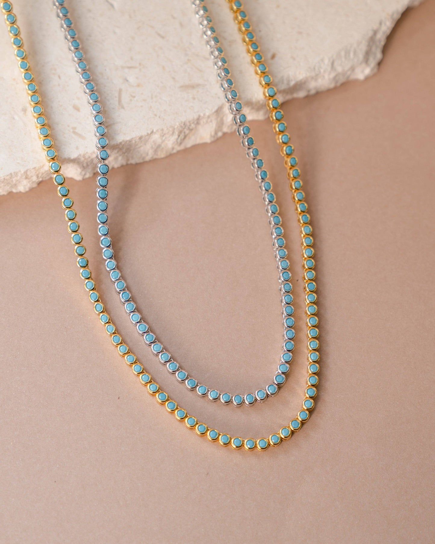 Round Turquoise Tennis Necklace: Gold / 16"