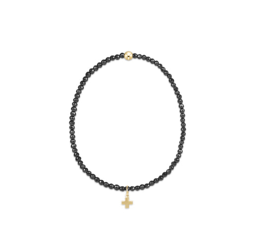 Faceted Hematite 2mm Bead Bracelet - Signature Cross Gold Charm