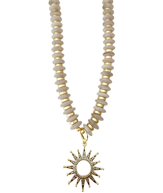 Gail Taupe Beaded Necklace with Black Sun Charm