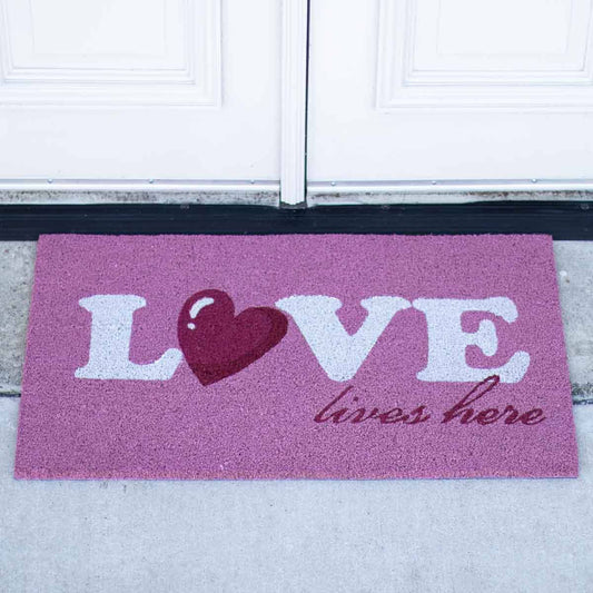 Love Lives Here Coir Doormat   Pink/White   30x18