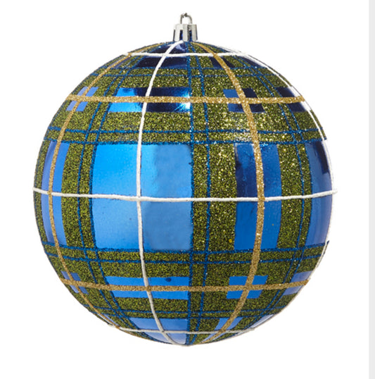 Blue Plaid Glitter Ball Ornament