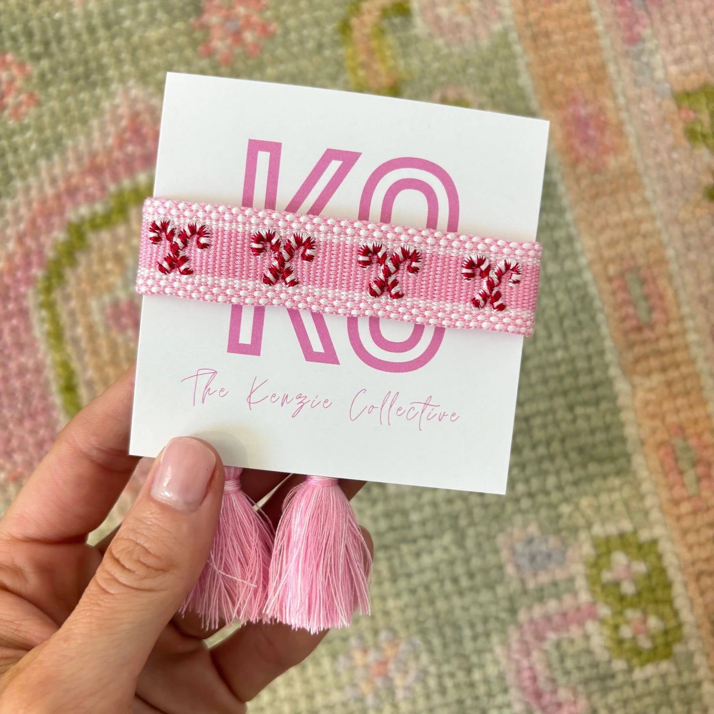 Candy cane lane embroidered tassel bracelet
