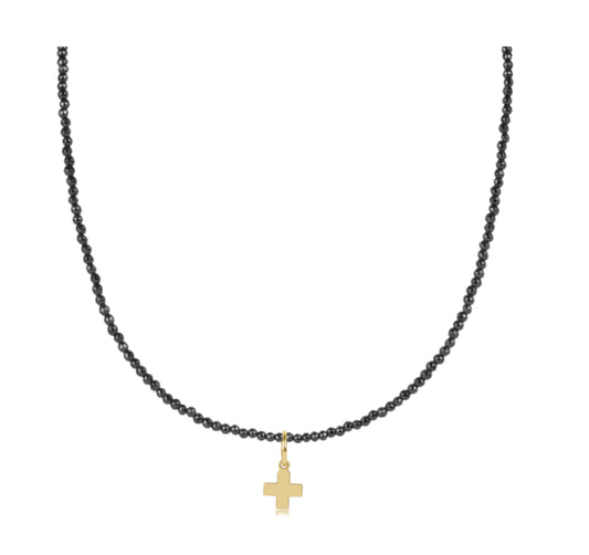 17" Choker Faceted Hematite 2mm Bead - Signature Cross Gold Charm