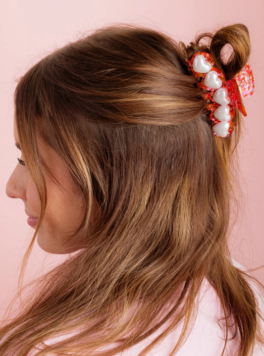 Claw Hair Clip - Pink & Pearl Hearts