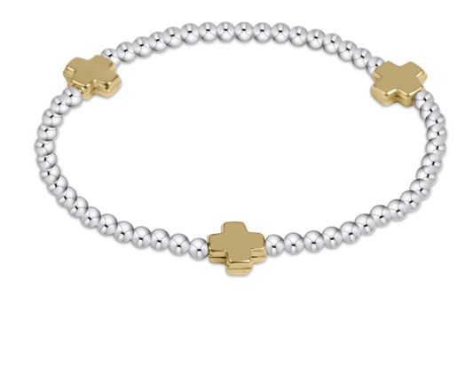 EXTENDS - SIGNATURE CROSS STERLING MIXED METAL PATTERN 3MM BEAD BRACELET - GOLD