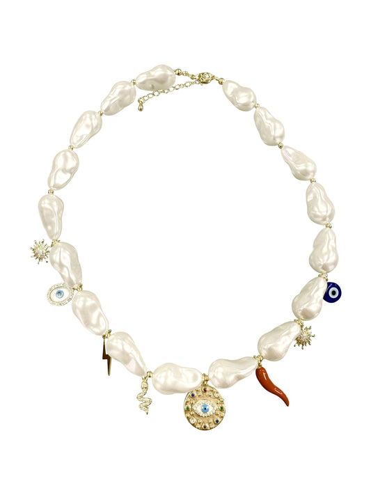 Mia Evil Eye Pearl Charm Necklace