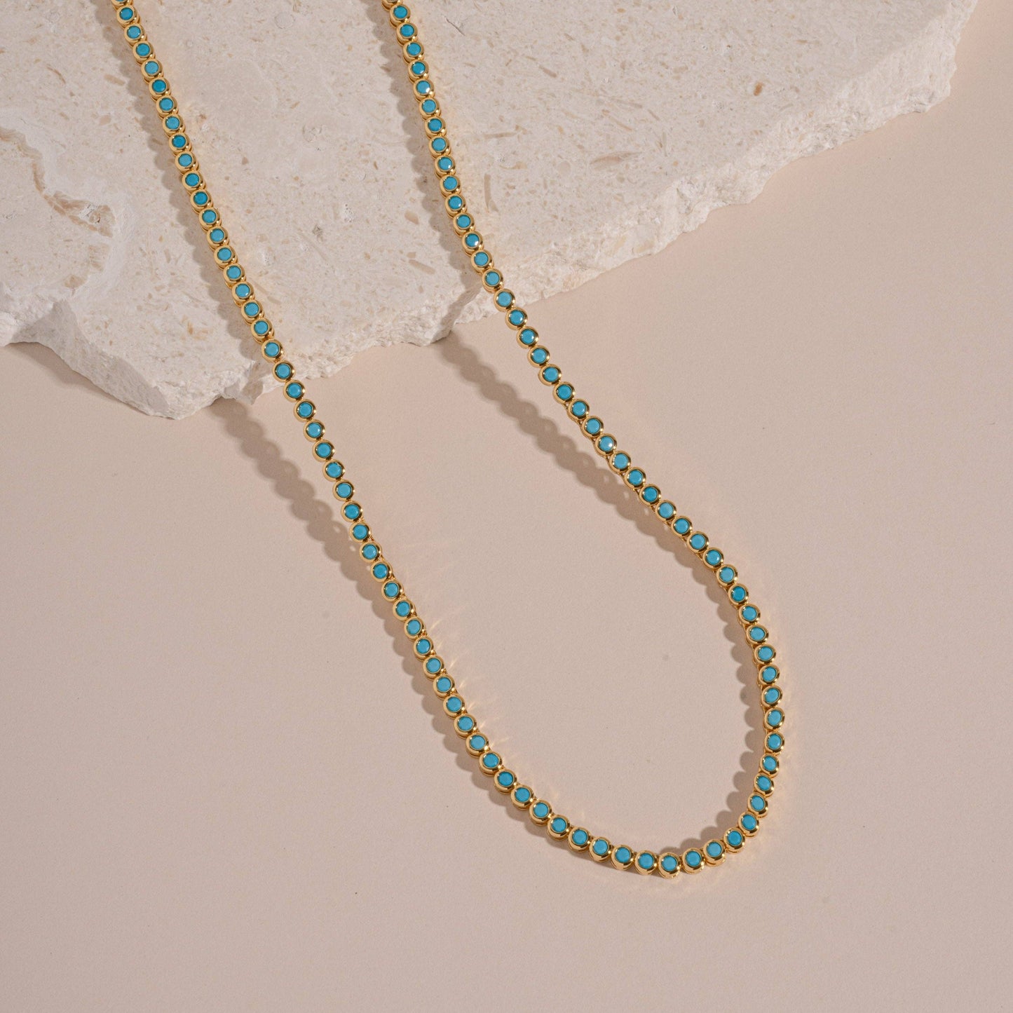 Round Turquoise Tennis Necklace: Gold / 16"