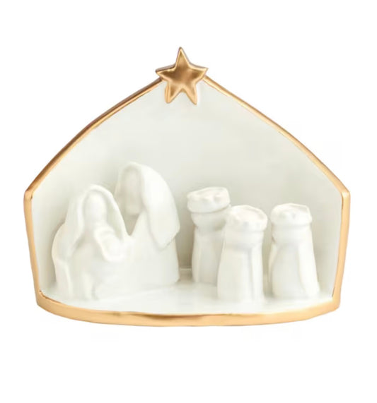 GOLD EDGE STONEWARE NATIVITY SCENE