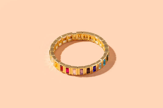Enamel Stretch Bracelet -Gold w/ Rainbow Small Rectangle Stones - Penelope