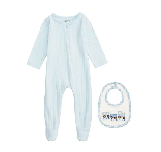 Blue Sleeper with Train Bib Set