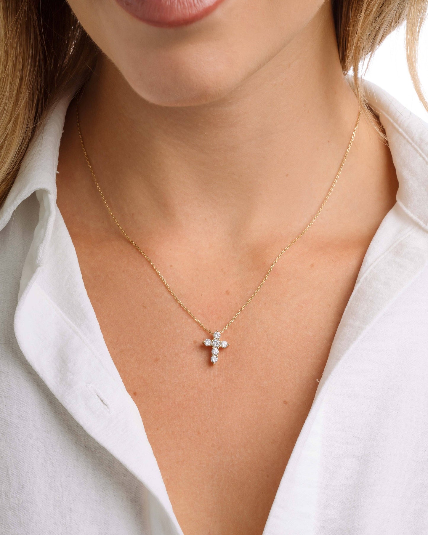 Small Studded Cross Necklace: Gold