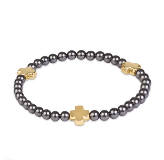 signature cross 4mm pearl dark grey bracelet - gold