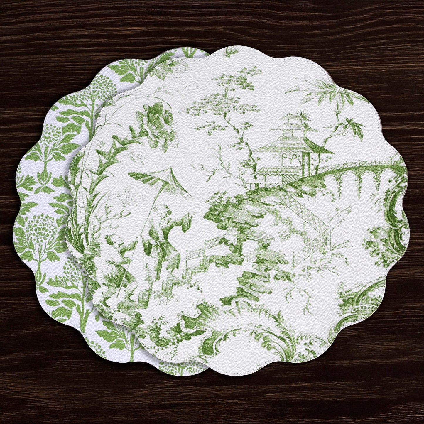VIDA Chinoiserie and Trellis Reversible Round Placemats Set of 4 Green & White