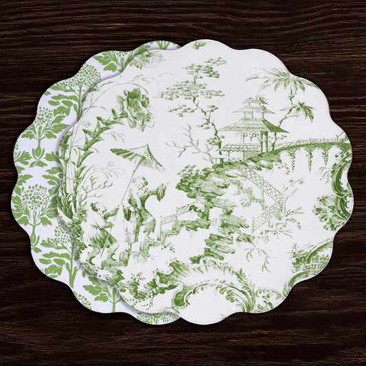 VIDA Chinoiserie and Trellis Reversible Round Placemats Set of 4 Green & White