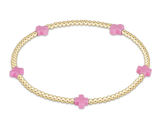 egirl Signature Cross Small Gold Pattern 2mm Bead Bracelet - Bright Pink