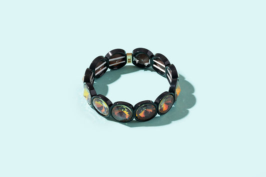 Enamel Stretch Bracelet -Black w/ Orange Large Stones - Elise